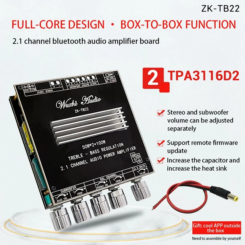 

ZK-TB22 2.1 Channel Bluetooth 5.1 Amplifier Board With DIY Case+DC Cable TPA3116D2 50Wx2+100W Audio Module