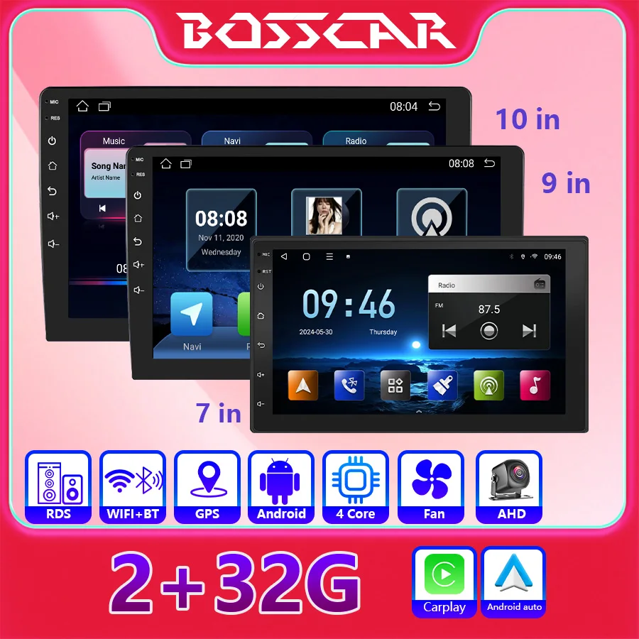 

BOSSCAR 7 "/9"/10" 2 DIN Android 12 2 + 32G Автомобильная стереосистема Carplay Android Auto GPS SAT Navi Bluetooth FM RDS Радио WIFI Сенсорный экран