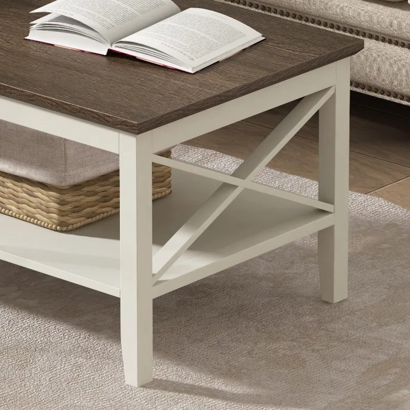 Farmhouse Coffee Table, Wooden Coffee Table with Thicker Legs, White Coffee Table with Storage for Living Room,40 Inches