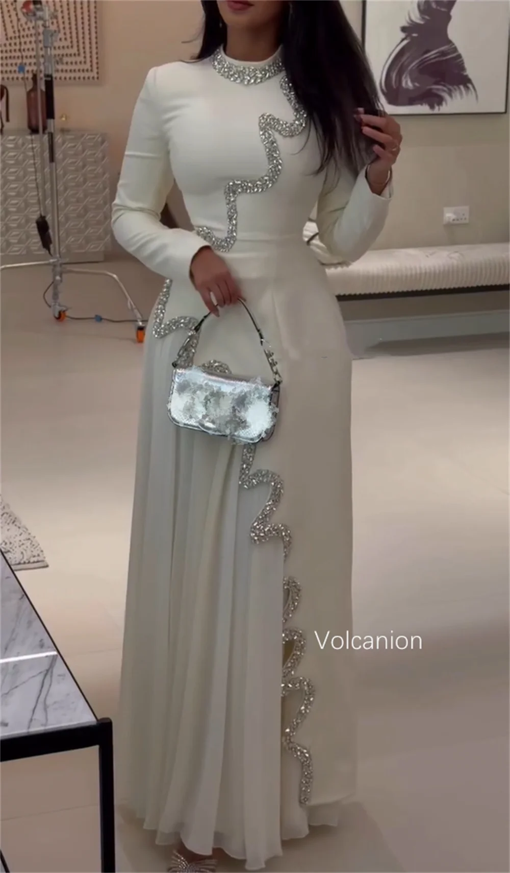 Customized Matching Jersey Pleat Sequined A-line High Collar Long Bespoke Occasion Evening Dresses Simple
