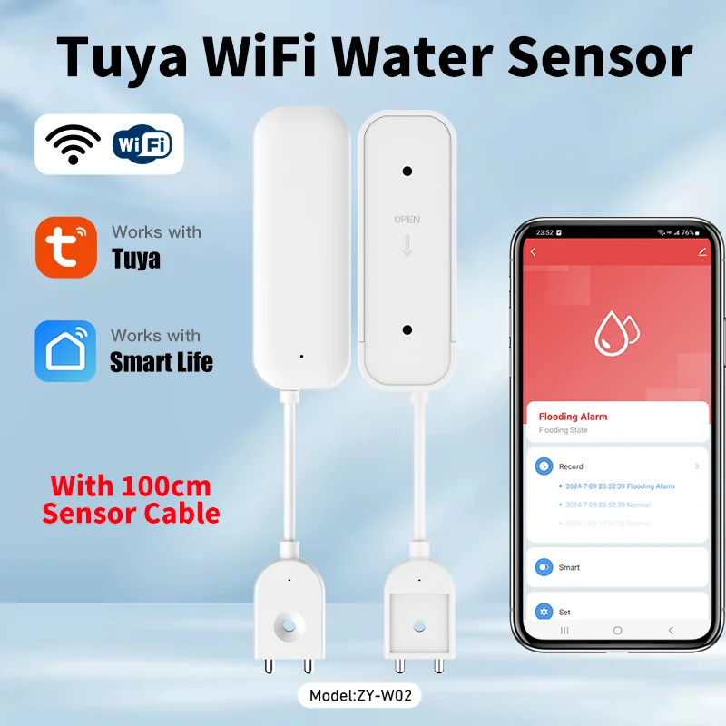 Tuya Sensor kebocoran air WIFI cerdas, Alarm detektor Level air, Sensor kebocoran banjir, APP, sistem Alarm keamanan, kendali jarak jauh