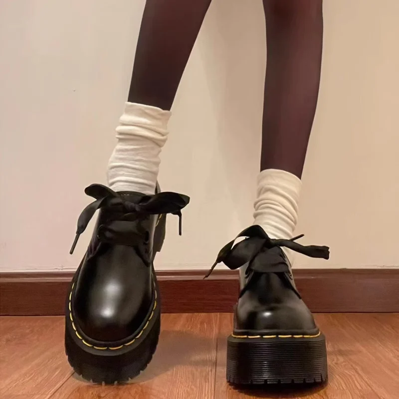 

2025 Spring New Women's Black Loafers Round Toe Low Heel Thick Bottom Ribbon Straps British Style Women Office Single Shoes