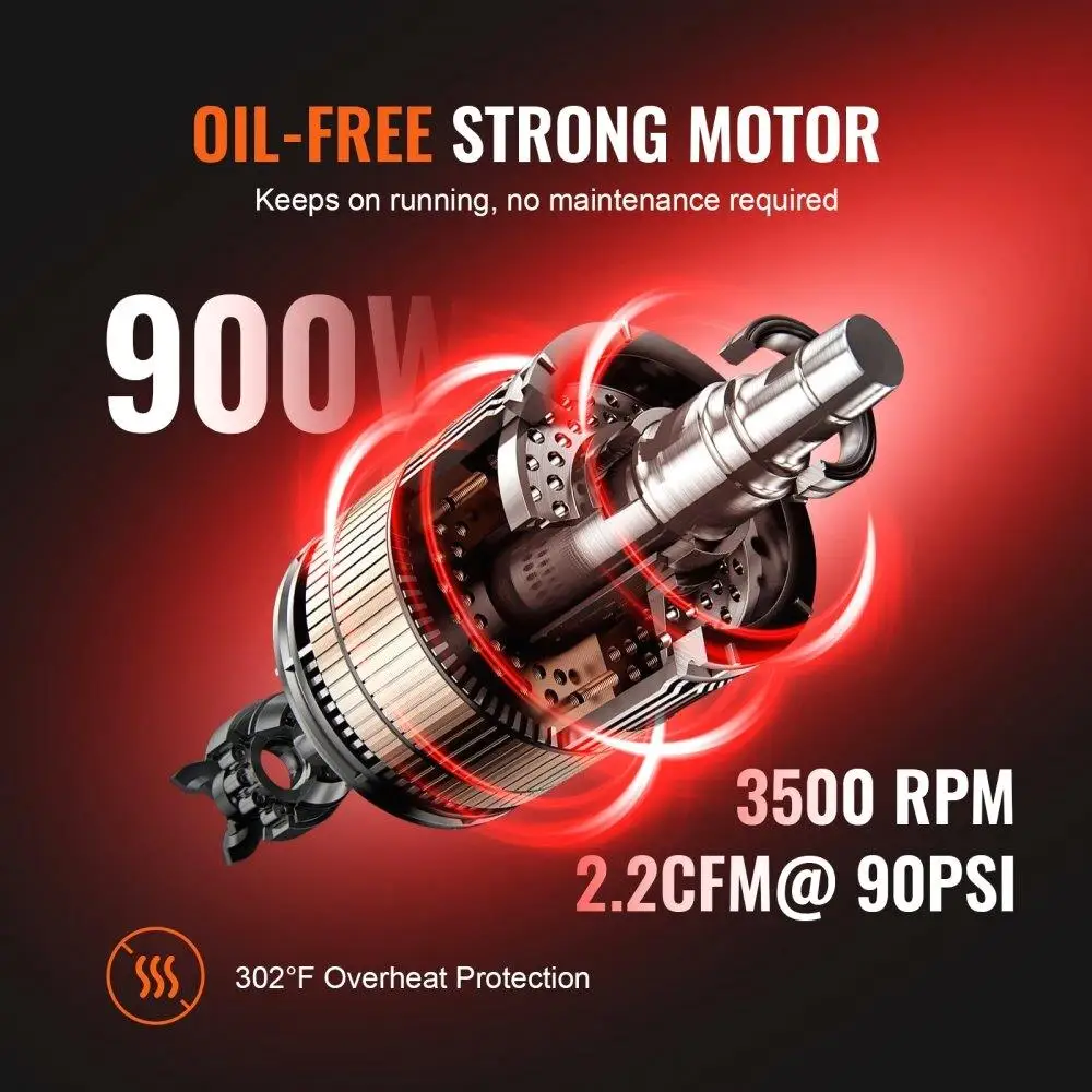 2.1 Gallon Silent Air Compressor 900W Power 2.2 CFM at 90PSI Max Pressure 116PSI Compact Portable Home Garage Use