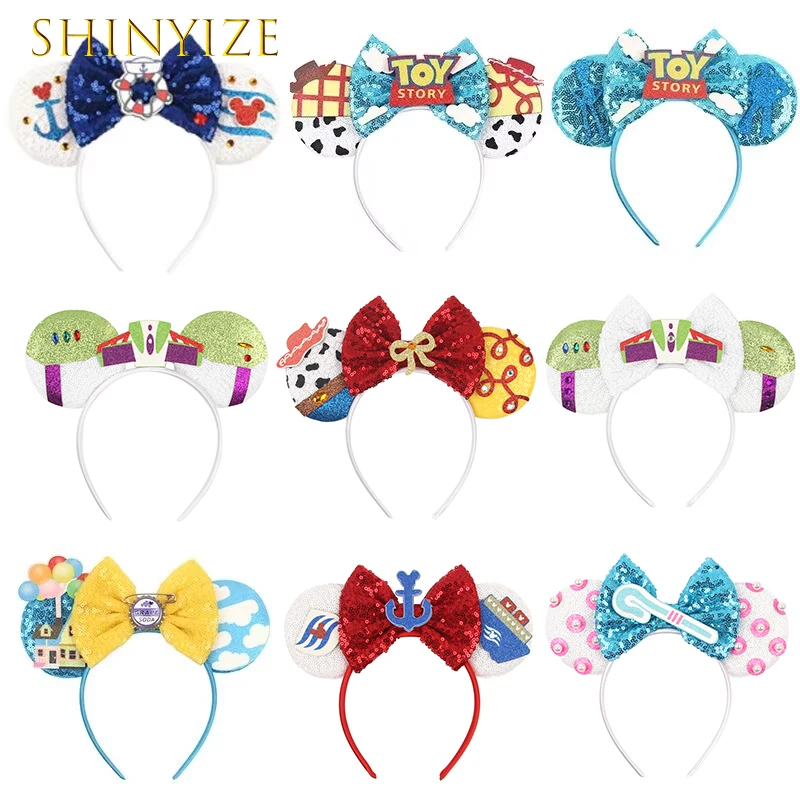 

10Pcs/Lot Cartoon Disneyland Mouse Ears Headband Sequins 5"Bow Hairband For Girls Women Festival Party DIY Hair Accessories Gift