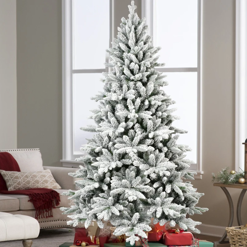 Árbol de Navidad flocado de 6 pies con 1100 puntas, árbol realista con bisagras nevado de PE + PVC con soporte de metal, árbol de Navidad artificial completo para H
