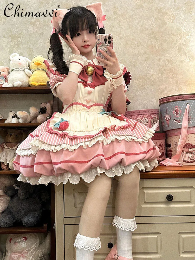 New Sweet and Cute Bow Girls Women OP Pink Bud Dress Lolita Daily Short Sleeve Kawaii Cosplay Lo Princess Short Dresses