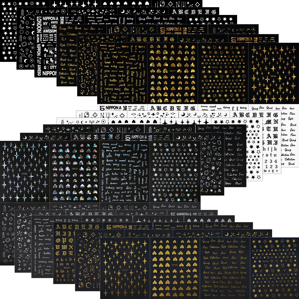12Pcs Y2K Star Moon Nail Sticker 3D Gold Silver Starlight Adhesive Decals DIY Heart/Alphabet/English Word Manicure Sliders