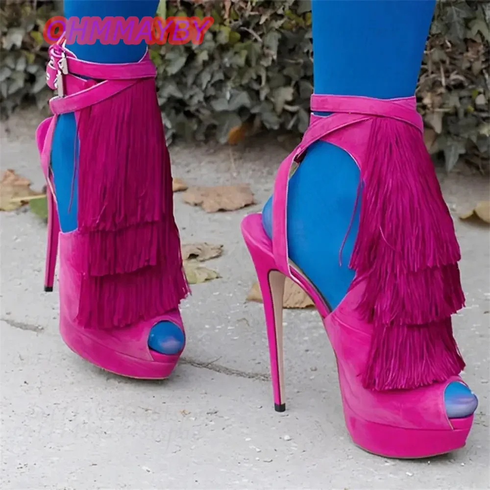 Women Fuchsia Fringe Thick Platform High Heels Peep Toe Stiletto Ankle Strap Tassel Sexy Latin Dance Prom Party Evening Shoes 47