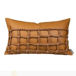 Modern minimalist orange gray leather handmade woven cushion and pillow model room decoration waist pillow customization