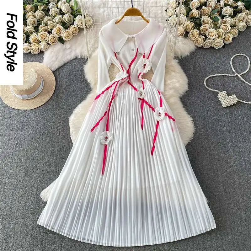 2026 High-end Heavy Industry Diamond Jewelry Three-dimensional Flower Lapel Seven-quarter Sleeve Dress Women's Long Dress