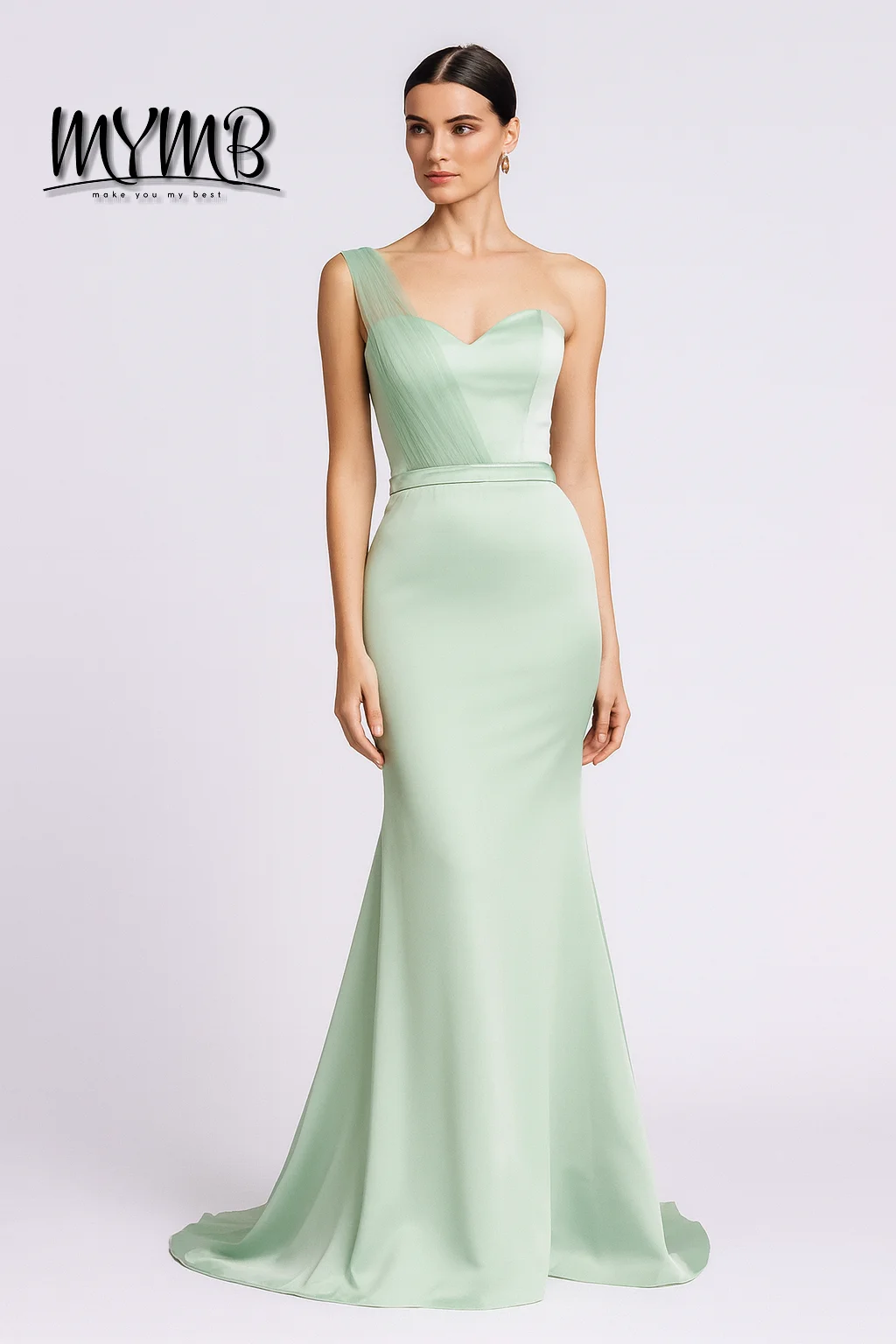 MYMB Elegant Mint Mermaid Evening Dress for Bridesmaid Satin Halter Neck Small Train Women Formal Long Prom Party Dress MC20072