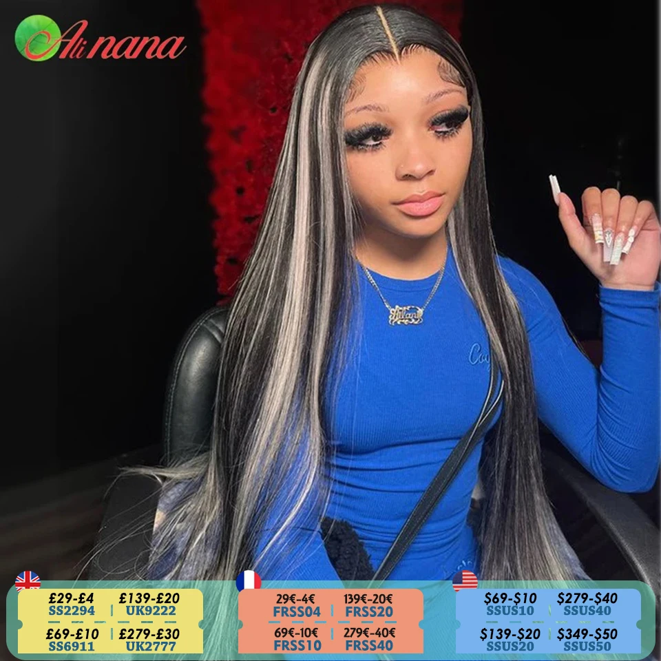 

Highlight Gray Blonde Colored Straight Human Hair Wigs For Black Women Transparent Lace Frontal Wig Pre-Plucked Lace Closure Wig