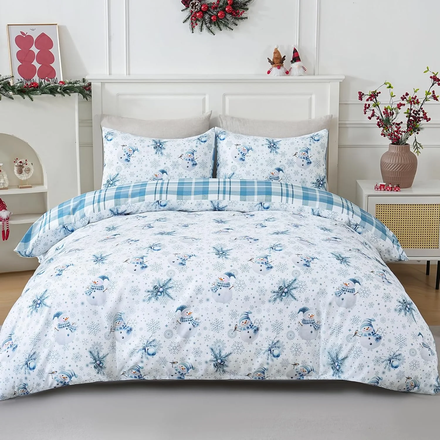 

Christmas Duvet Cover Set King Snowman Snowflakes Comforter Cover 3 Piece Blue Bedding Set Reversible Plaid Holiday Duvet Cover