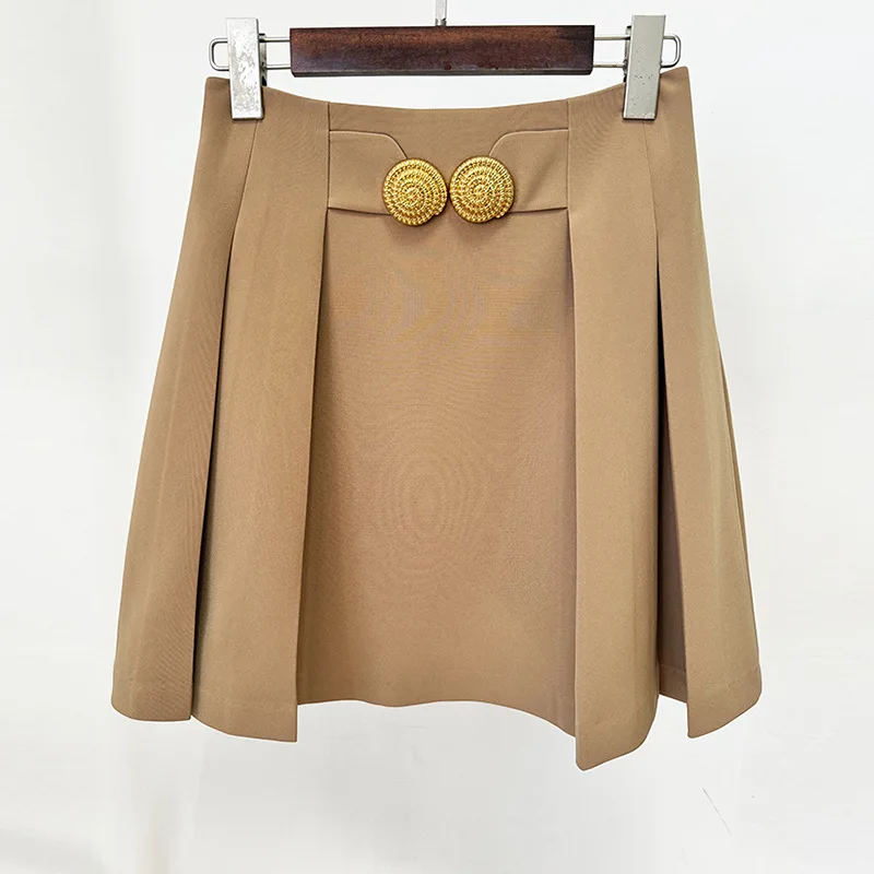 In Stock Lady New Fashion Solid Casual Wear European Style Buttons Decoration Short Mini Pleated Skirt