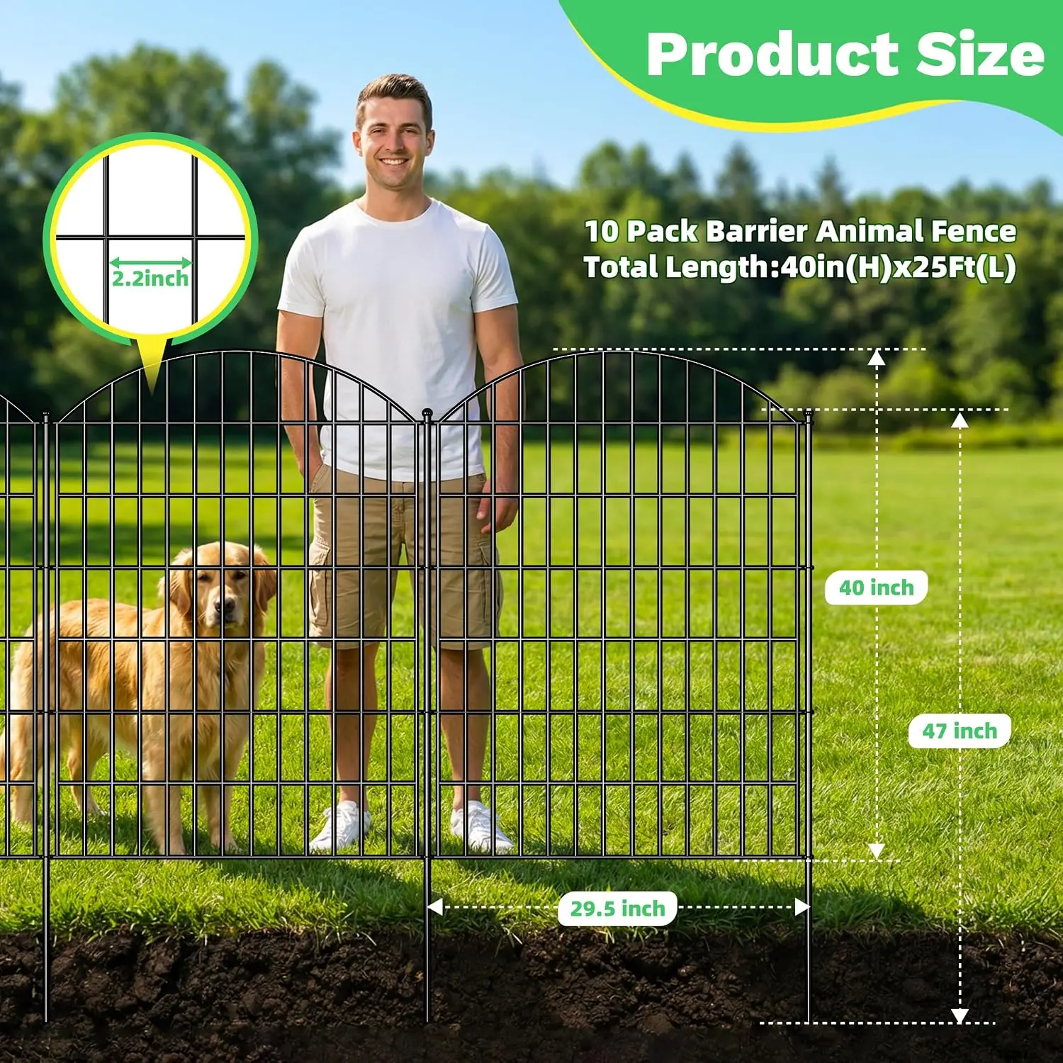 10 Panels Arched No Dig Decorative Garden Fence with Gate, 40in(H) x 26ft(L) Dog Fence Outdoor for Yard, Rustproof Metal