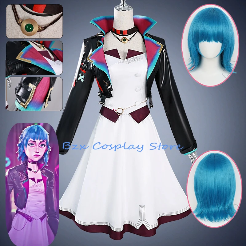 Season 2 Jinx Arcane Cosplay Game LOL Powder Coat Dress Wig Suit  Pow-pow Outfit Halloween Party Play Prop for WOman Girl