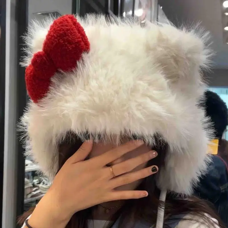 Kawaii Sanrioed Anime Hello Kittys inverno antivento a prova di freddo morbido confortevole fiocco caldo cappello di peluche regalo di compleanno di