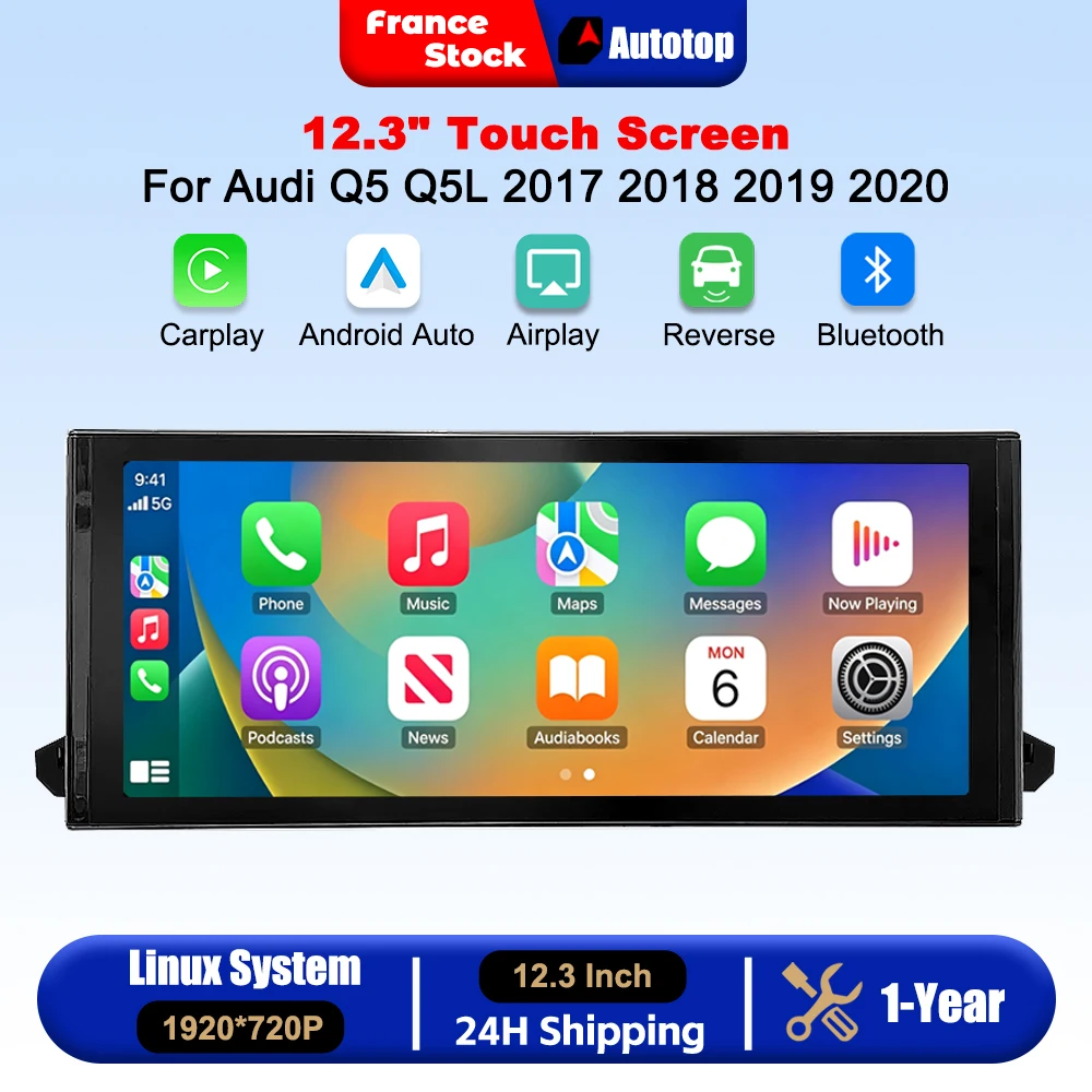 Autoradio sans fil CarPlay Android Auto 12,3 pouces pour Audi Q5 Q5L 2017 2018 2019 2020 avec écran d'origine, lecteur multimédia intelligent, écran tactile, Airplay, Autolink, Mirror Link, WiFi, Bluetooth, navigation GPS.