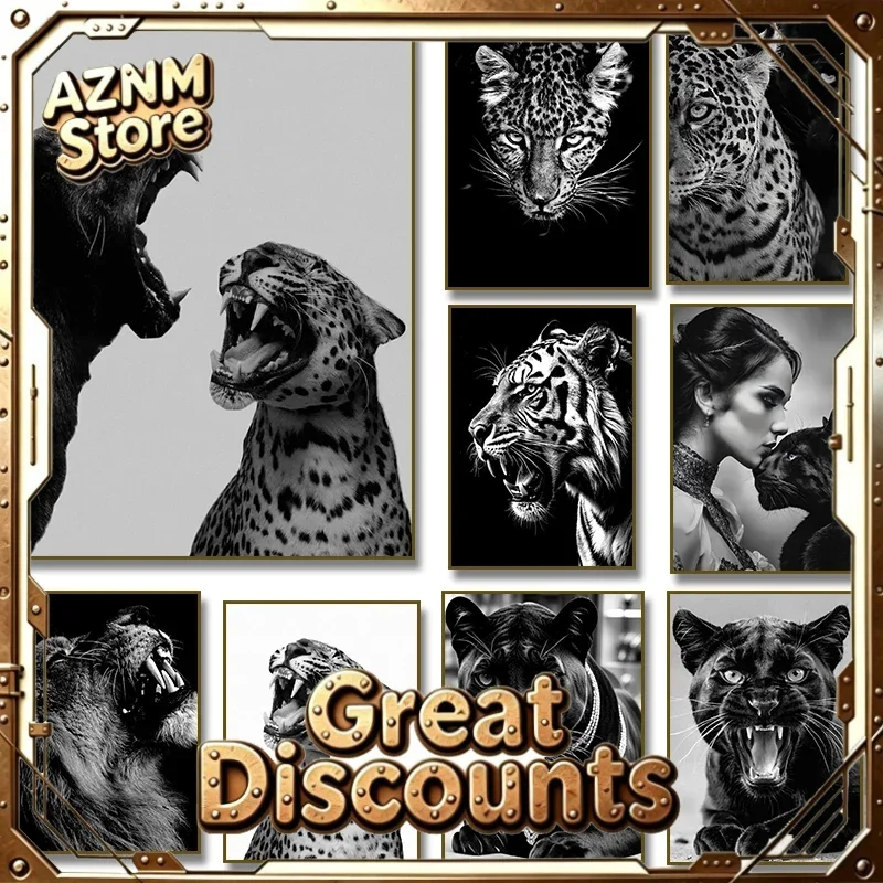 1PCS frameless Canvas paintingLuxury Black & White Tiger Panther Leopard and Jaguar Roar Poster Canvas Painting Print Wall Ar