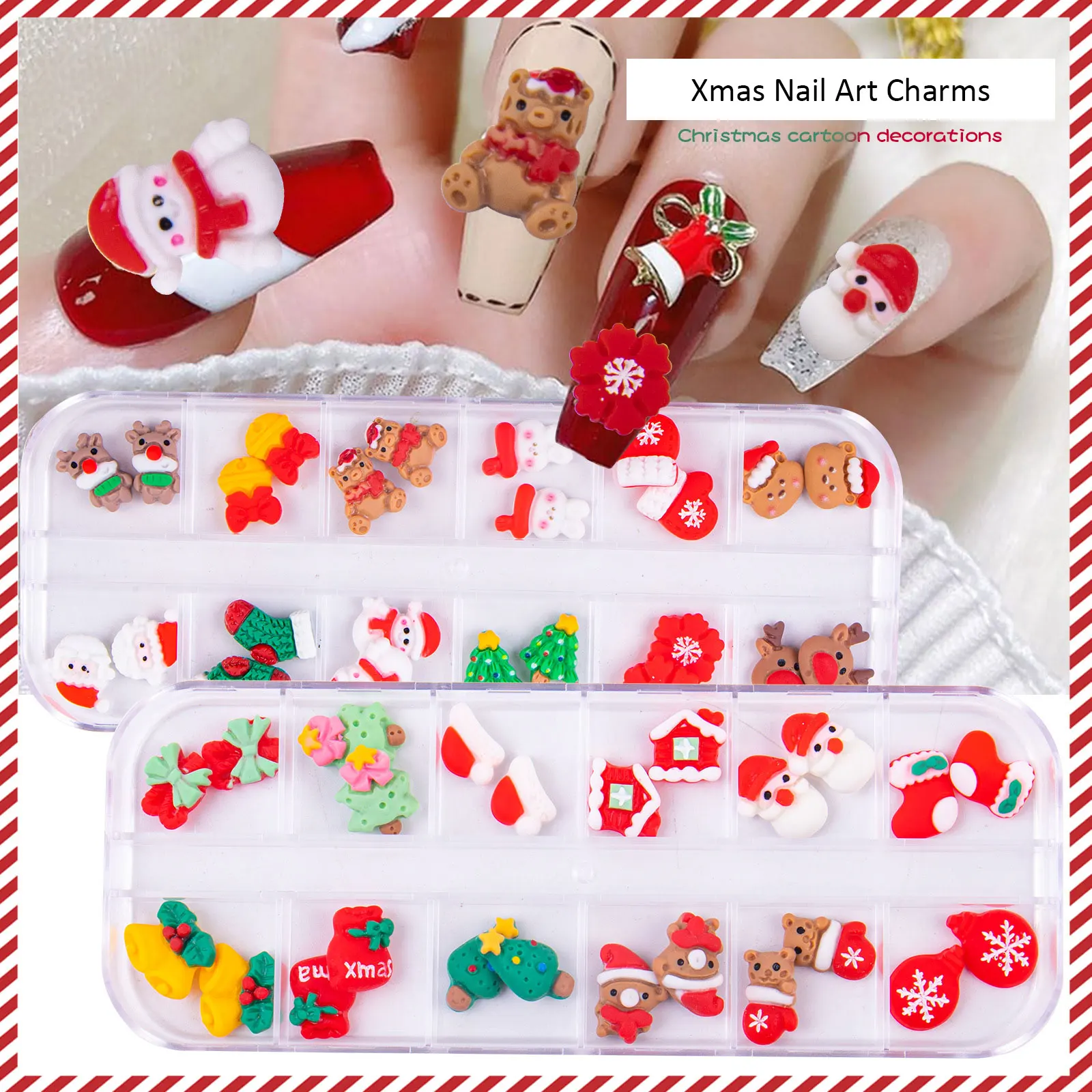 Christmas Accessories Nails Art Decoration Gingerbread Xmas Winter Manicure 3D Cartoon Santa Rhinestones Kawaii Cute Jewelry