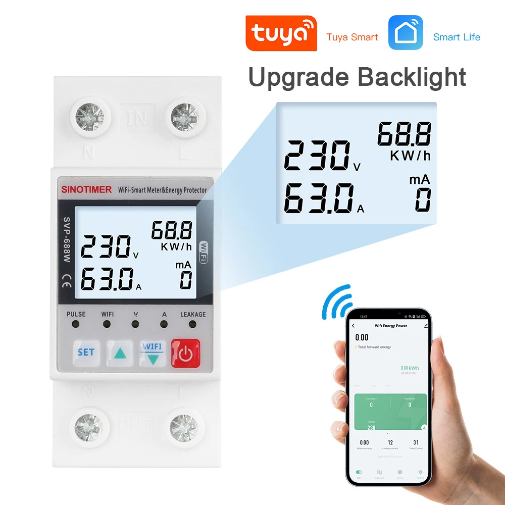 

SVP688 63A TUYA WiFi Smart Circuit Earth Leakage Over Under Voltage Protector Relay Device Switch Breaker Energy Power kWh Meter