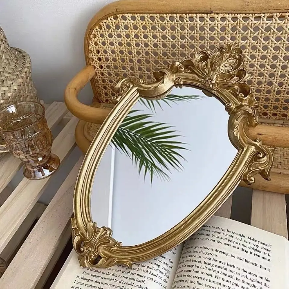 French Vintage Court Relief Mirror Bathroom Wall Hanging Makeup Mirror Travel Victorian Baroque Small Framed Makeup Mirror Resin