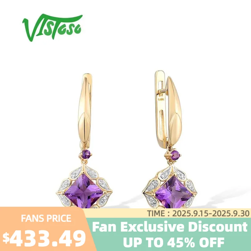 

VISTOSO Gold Earrings For Women 14K 585 Yellow Gold Sparkling Diamond Fancy Amethyst Elegant Wedding Anniversary Fine Jewelry