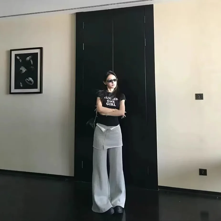 

ay Zipper Pleated Skirt Casual Pants High Waist Straight Leg Knitted Trousers Fake Two-Piece Long Pants Sweatpants
