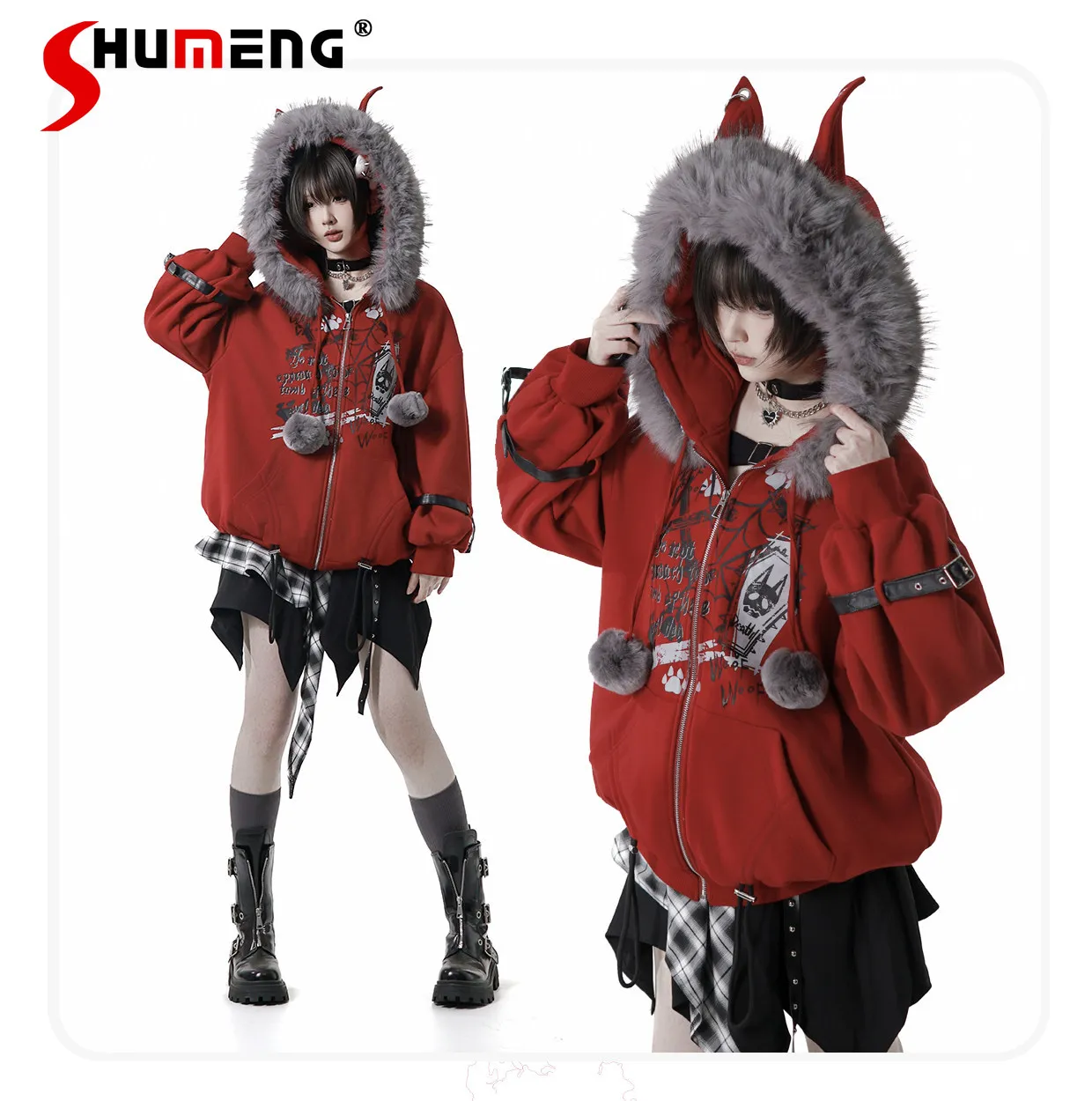 

Pink Savior Original Fashion Sweet Cool Girl New Year Red Jacket Plush Hooded Zipper Loose Versatile Sweatshirt for Women Winter