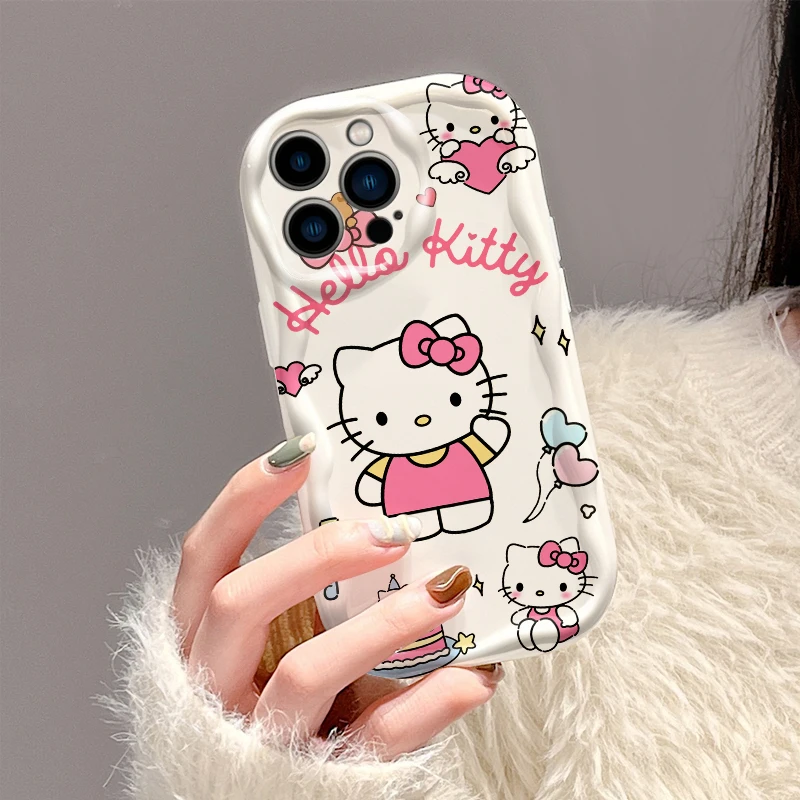 Pink Cartoon Hello Kitty For Apple iPhone 15 14 13 12 11 XS XR X Pro Max Plus Wave Oil TPU Phone Case