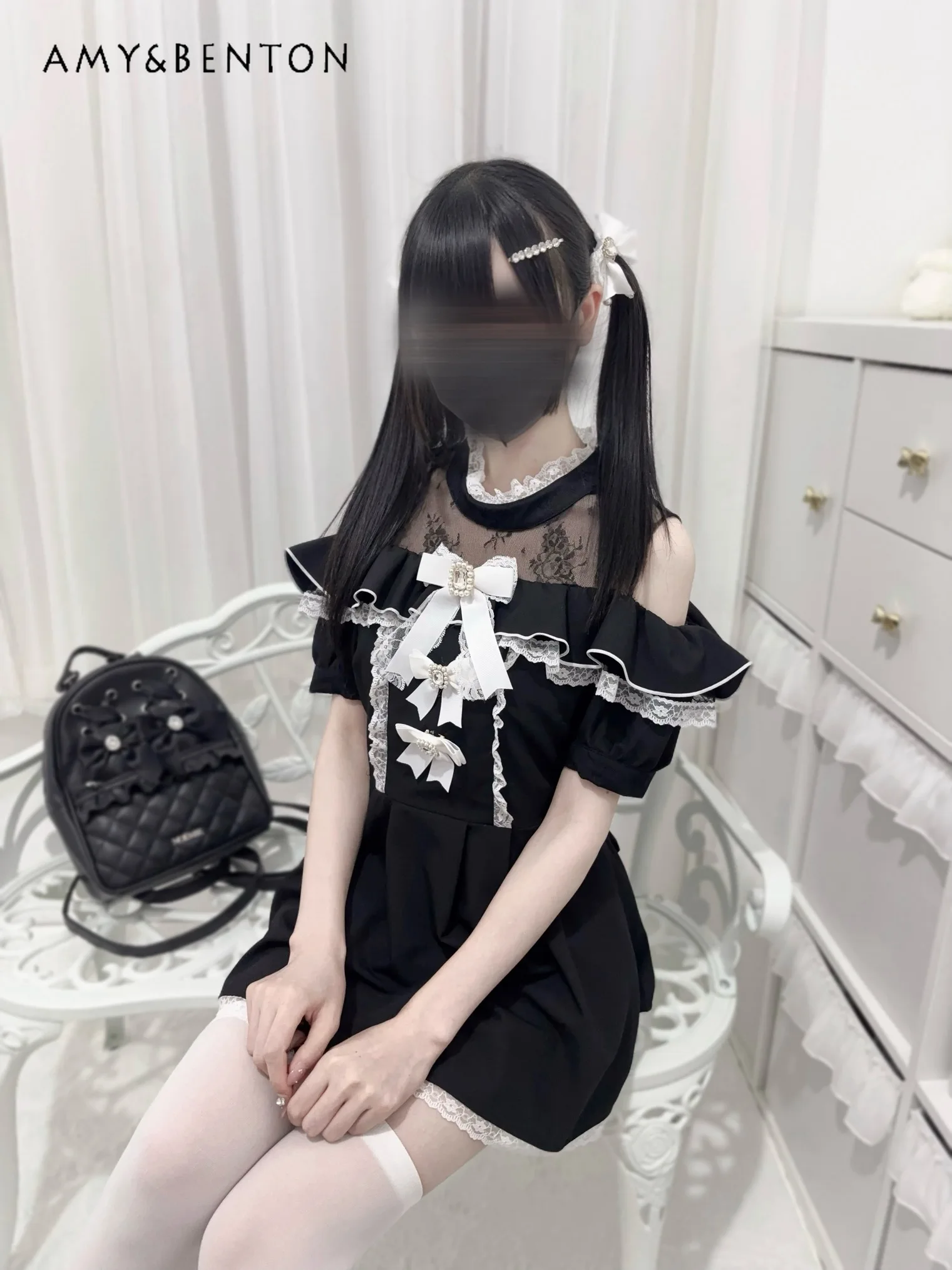 Sweet Cute Ruffled Lace Off-Shoulder Stand Collar Dress Sets Summer Japanese Mass-Produced Mine Bow Dress Shorts Two-Piece Set