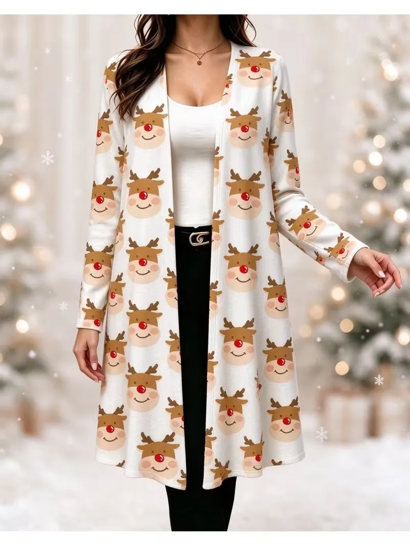 Women Christmas Tree Print Long Cardigan Red Snowflake Long Sleeve Long Jacket Coat Loose Casual Xmas Party Outerwear Autumn Top
