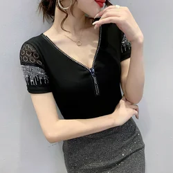 #7109 Black Red Casual Women's T-shirt V-neck With Zipper Sexy Spliced Lace Short Sleeve T Shirt Diamonds Tee Shirt Femme Summer