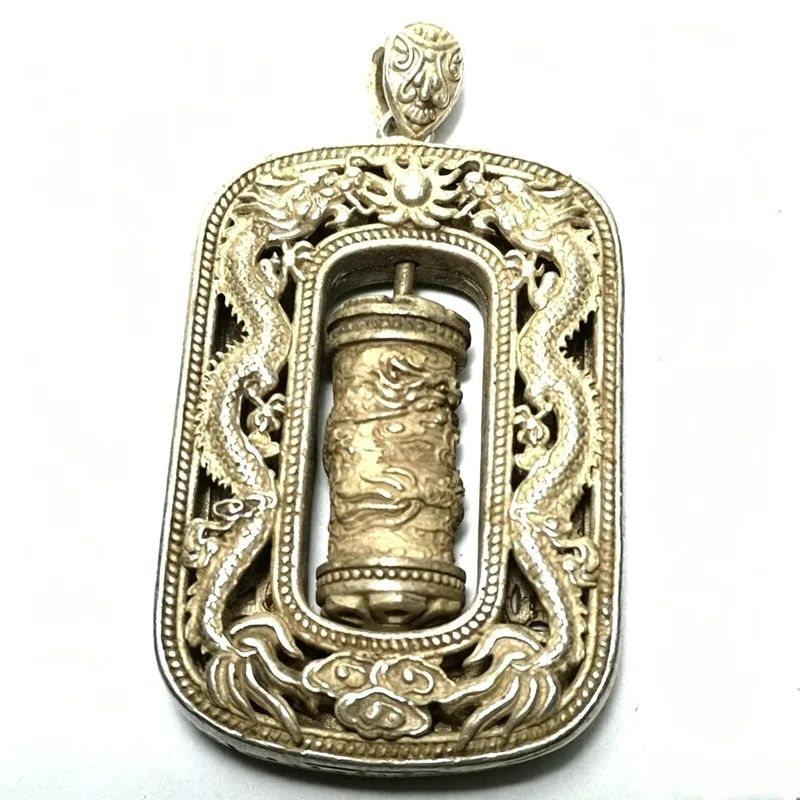 Collection Chinese Tibet Silver Dragon Statue Amulet Retro Relief Loong Totem Square Sculpture Decor Gift