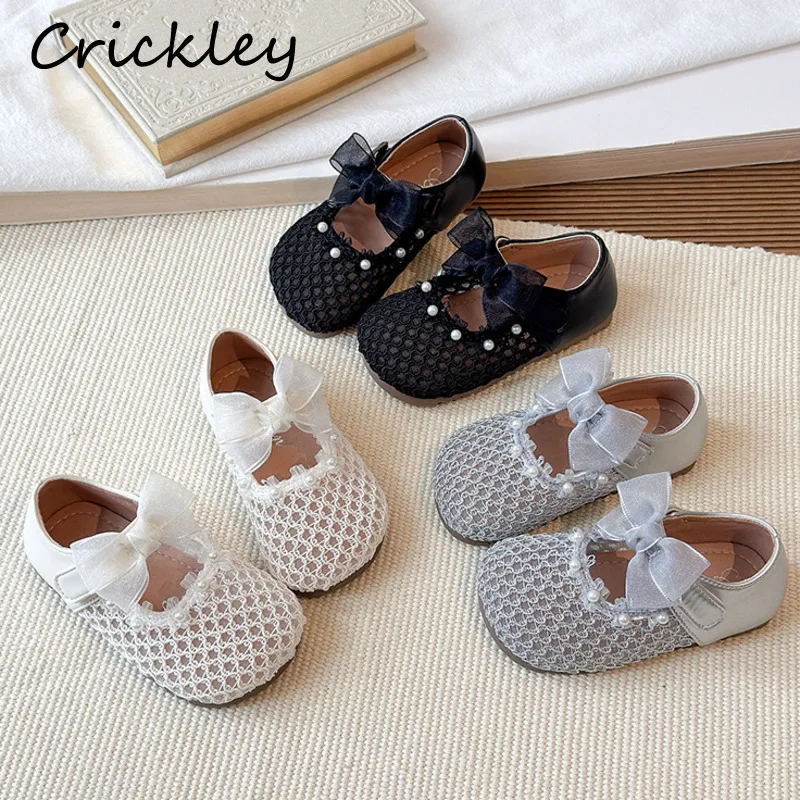 

Bow Mesh Girls Princess Shoes Summer Pearl Sweet Hook Loop Children Flats Shoes Non Slip Soft Bottom Kids Fashion Shoes