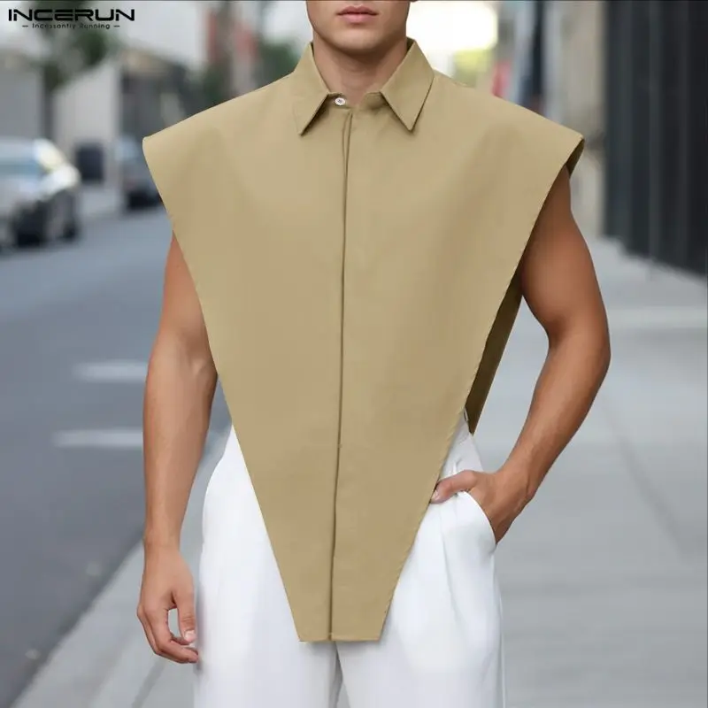 INCERUN Men Irregular Shirt Solid Lapel Sleeveless Casual Men Clothing Streetwear Split Fashion Personality Tops Male Shirts
