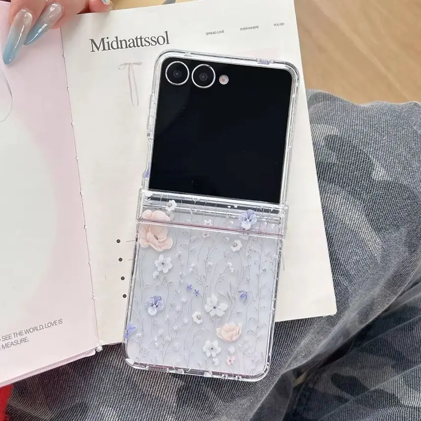 Fresh Delicate Pink Blue Tiny Floral Printed Clear Phone Case for Samsung Galaxy Z Flip 7-3 Crystal Bead Strap Protective Cover