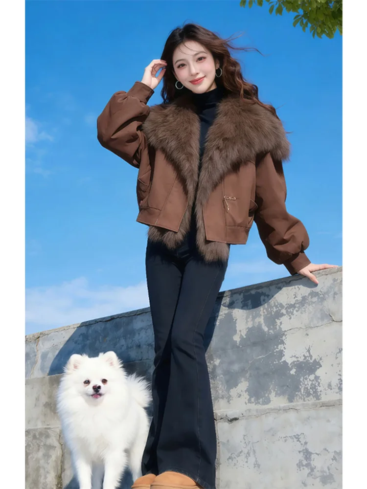 

Retro Brown Fur Collar Cotton Jacket Women's Stylish Unique Winter Coat Korean Style Loose Fit Long Sleeve Short Length