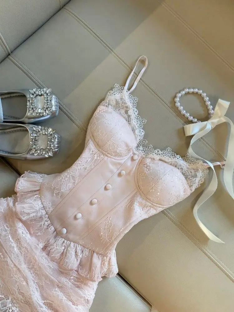 2026 Summer Sweet Pure Desire Style Party Outfit New Sexy Camisole Top + Bodycon Skirt Suit France Elegant Two Piece Set 2026 image 2