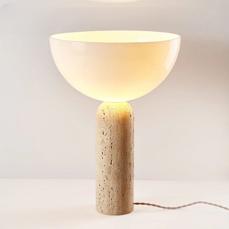 Japanese Wabi-Sabi Table Lamp with Antique Stone Body for Living Room Home Decor with White Round Glass Lampshade E27 LED Bulb