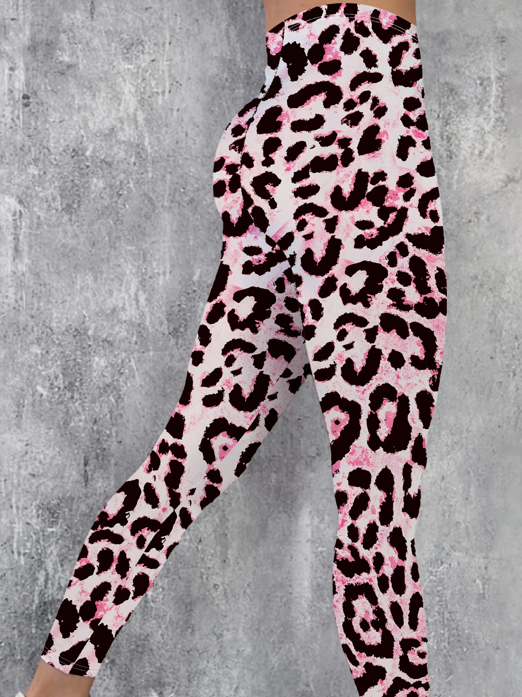 Women Mid‑Waist Fleece Lined Leggings, Pink Toned Leopard Print, Slim Warm Street Casual Daily Pants