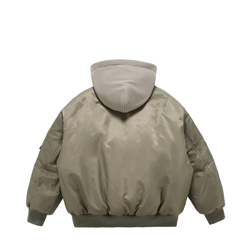 

Fake Two Pilot Cotton Jackets Mens Winter New High Street Trend Thickening Hooded Bomber Coats Multiple Pockets Short Parkas