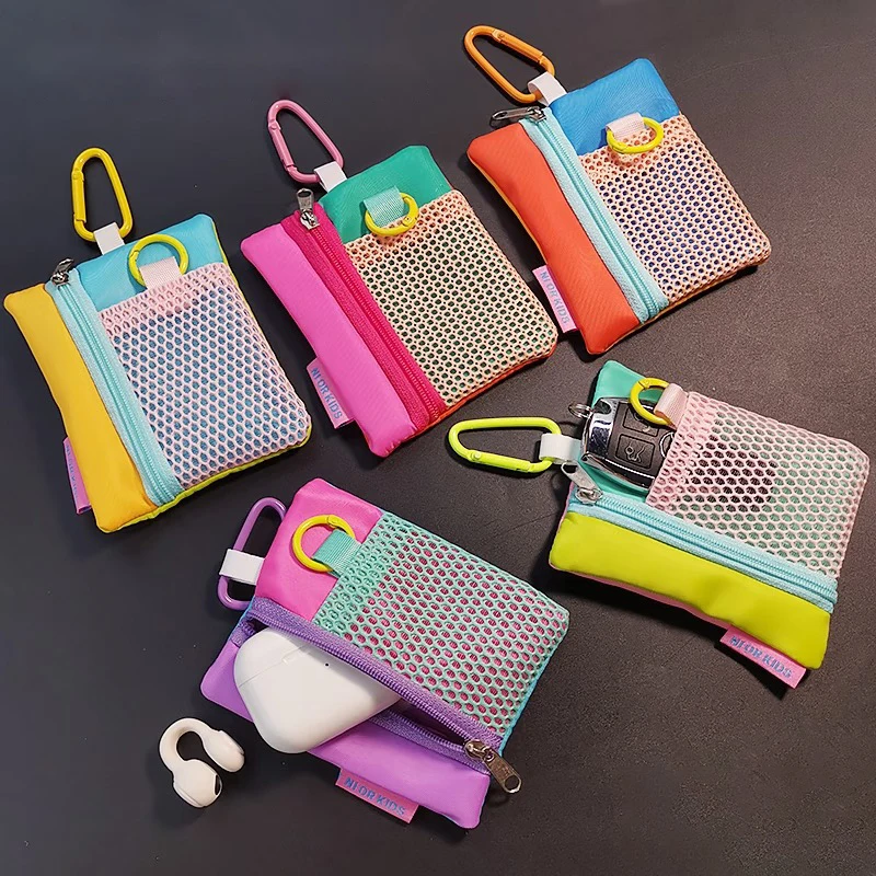 Color Block Mesh Zipper Coin Purse Unisex Trendy Lightweight Portable Mini Storage Pouch Daily Travel Outdoor CardHolder Pendant