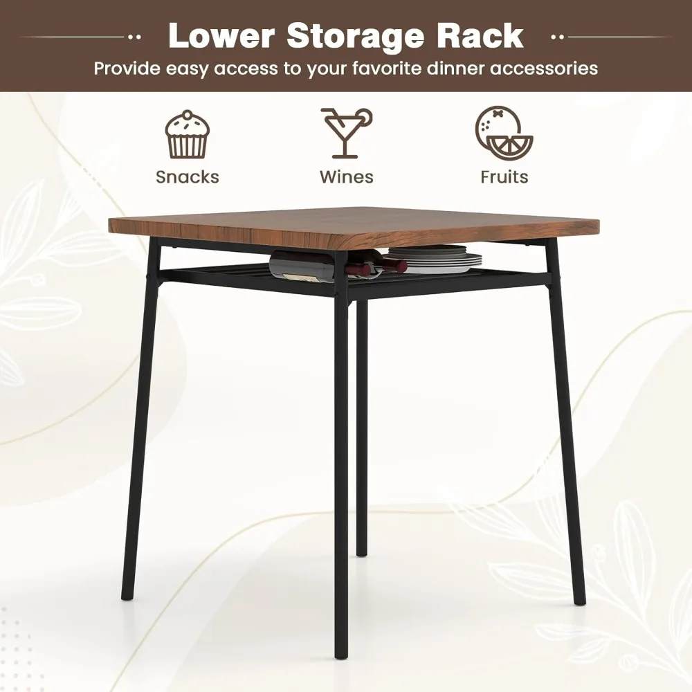 Ensemble de Table à manger carrée pour 2, Table et chaises de cuisine compactes à cadre métallique avec support de rangement intégré, dîner peu encombrant