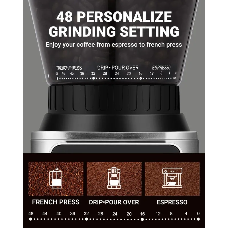 Coffee Grinder, Burr Coffee Bean Grinder For Home Use With 48 Precise Grind Settings, Detachable Funnel Stand