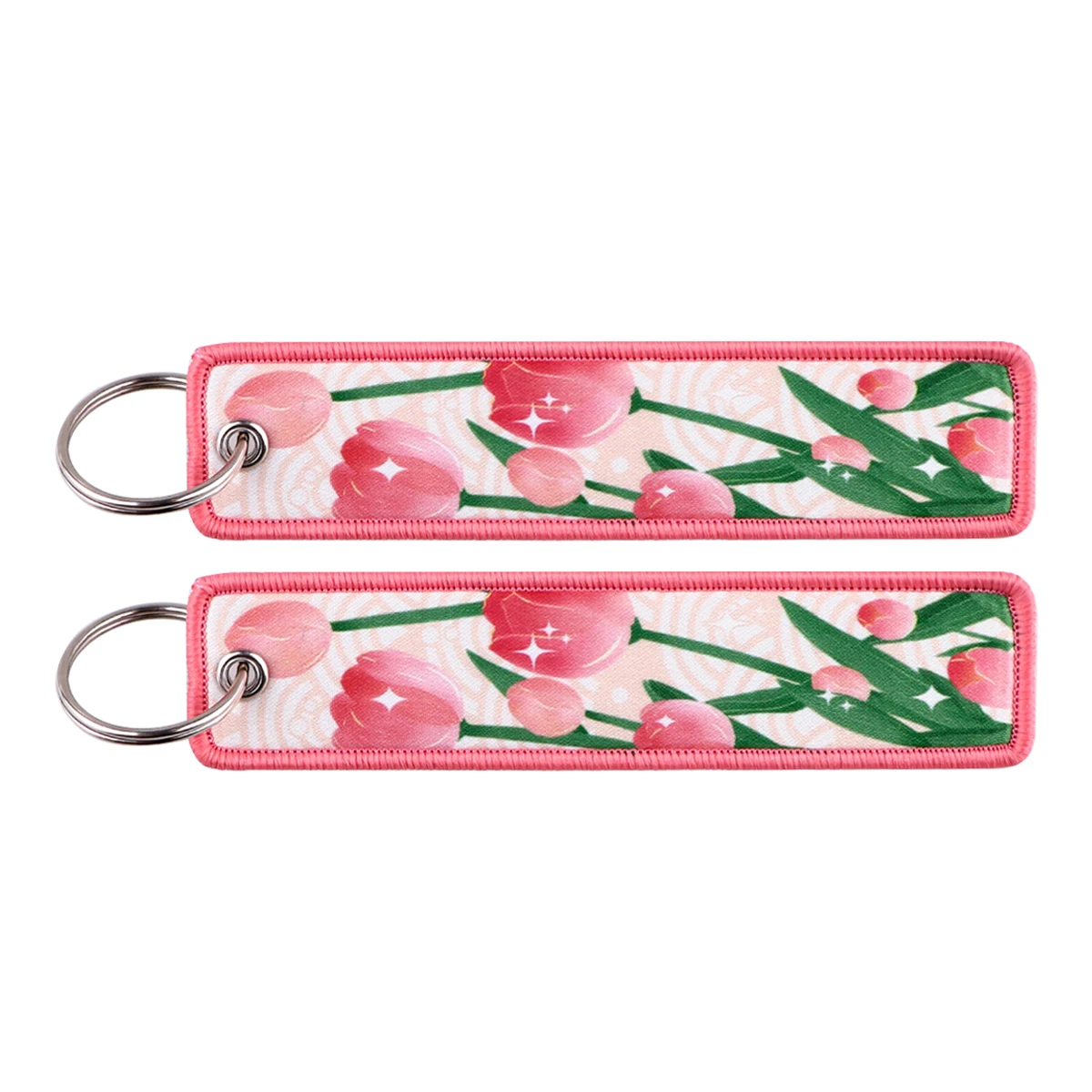 Pink Tulip Embroidered Cool Key Tag Keychains Women Cute Keychain for Car Motorcycles Keys Keyring Men Holder Jewelry Gifts 1PCS