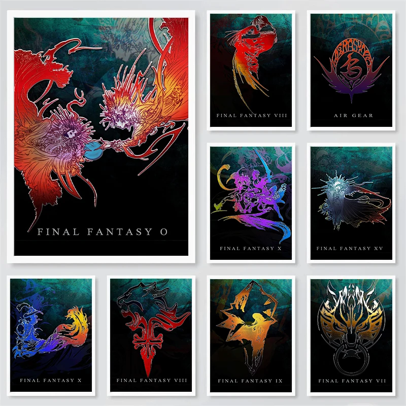 Final Fantasy Emblems Poster Canvas Prints Final Fantasy Gaming Series Wall Art Decor Gaming Room Bar Wall Decoration Game Gift