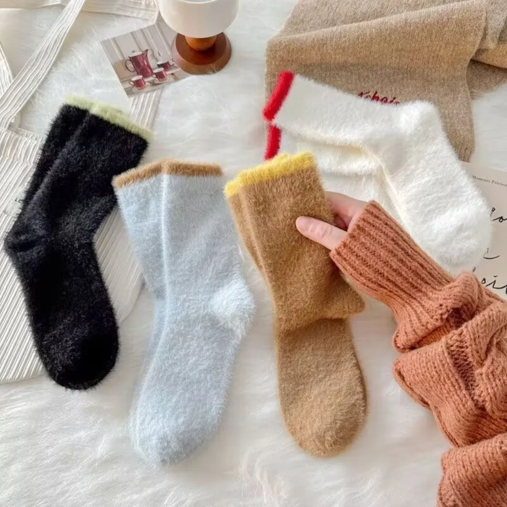 

Fashion Colorblock Mink Velvet Socks Thicken Thermal Floor Sock Anti-slip Winter Warm Fluffy Mid Socks