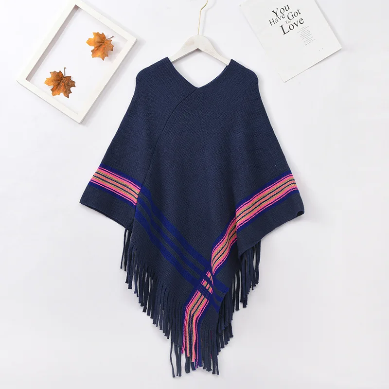 

Autumn Winter Shawl Imitation Cashmere Diagonal Stripe Pullover Warmth Tassels Woman Poncho Cape Pullover Sweater Navy Cloaks