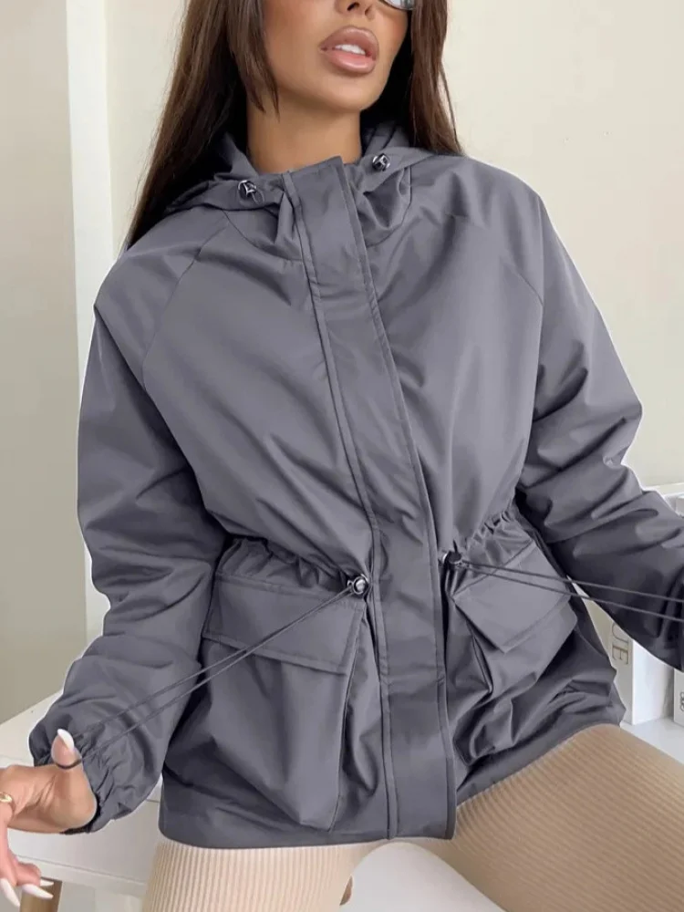 방수 야외 여성용 Jaet Long Sve 후드 Dstring 루즈핏 등산 의류 캐주얼 한국 슬레 폴리에...